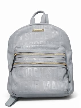 Steve Madden Gray Backpack Logo Embossed Faux Leather Gold Zipper Large Backpack